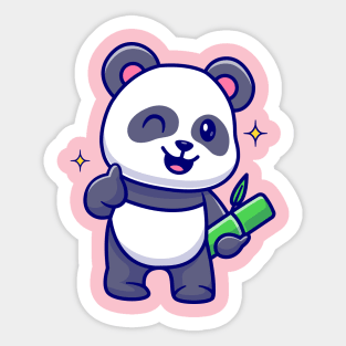 Cute Panda Holding Bamboo With Thumb Up Cartoon Sticker